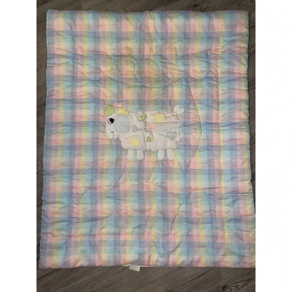 Vintage The Red Calliope‎ Lamb Baby Blanket Comforter Plaid Pink, Yellow & Blue